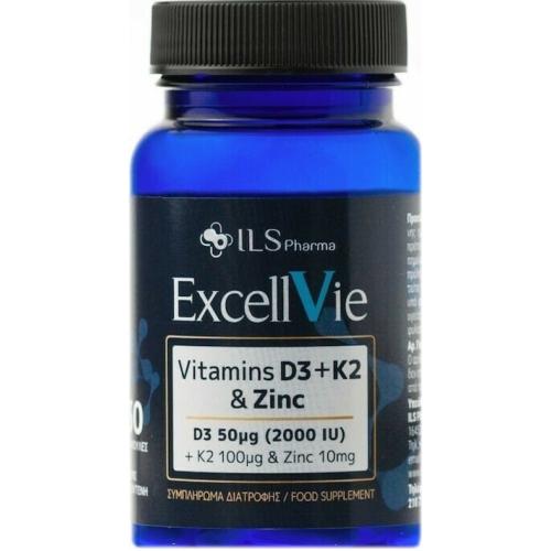 Ils Pharma Excellvie Vitamin D3+Κ2 & Zinc 2000iu Συμπλήρωμα Διατροφής με Ψευδάργυρο για Γενικότερη Υγεία των Οστών 30caps